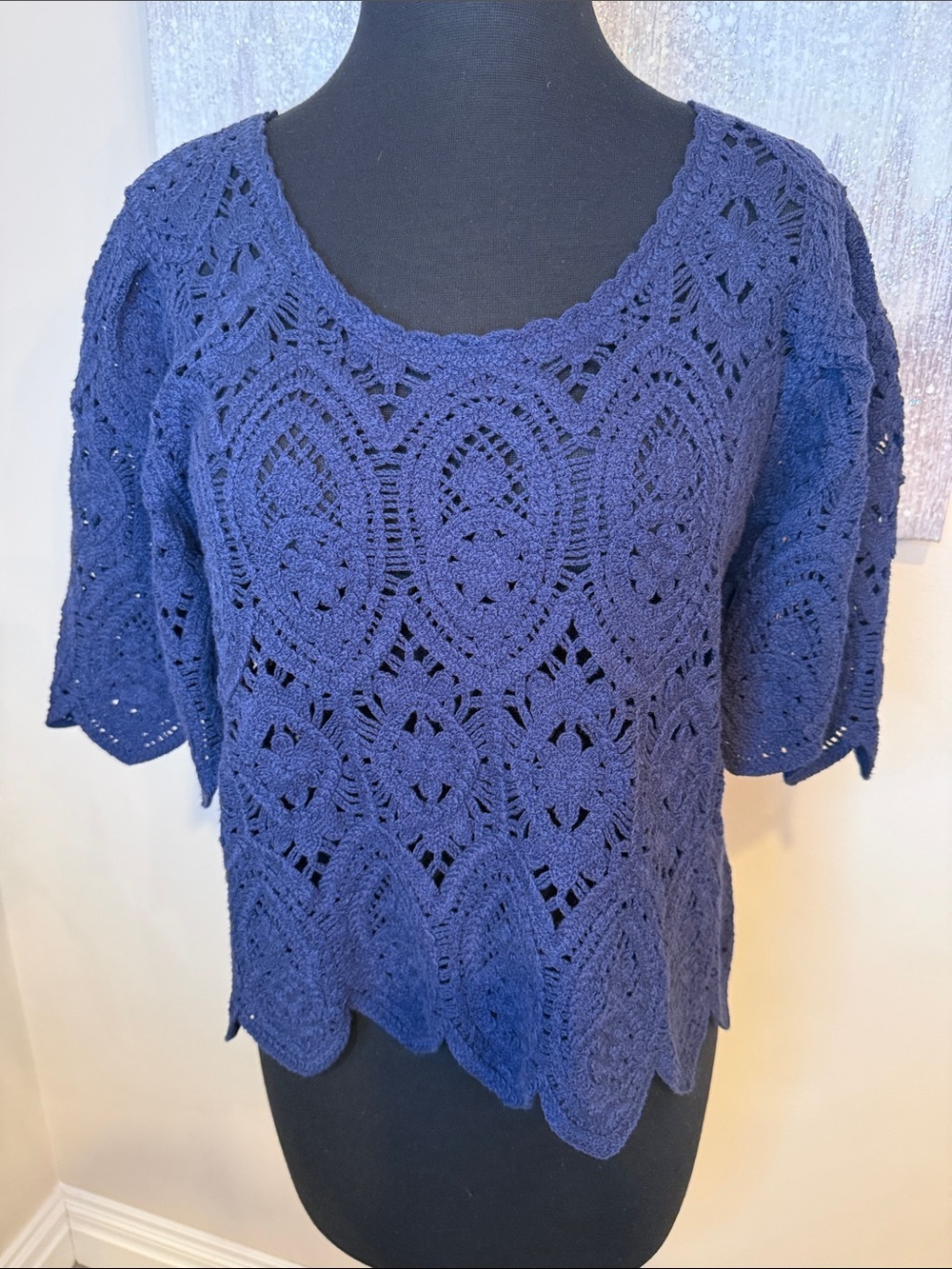 Women's Blue Crochet Lace Short Sleeve Top size small